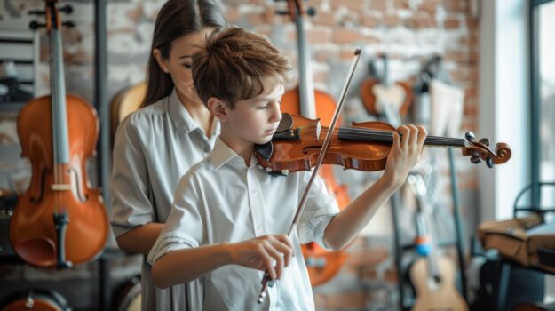 Close up of young boy playing violin